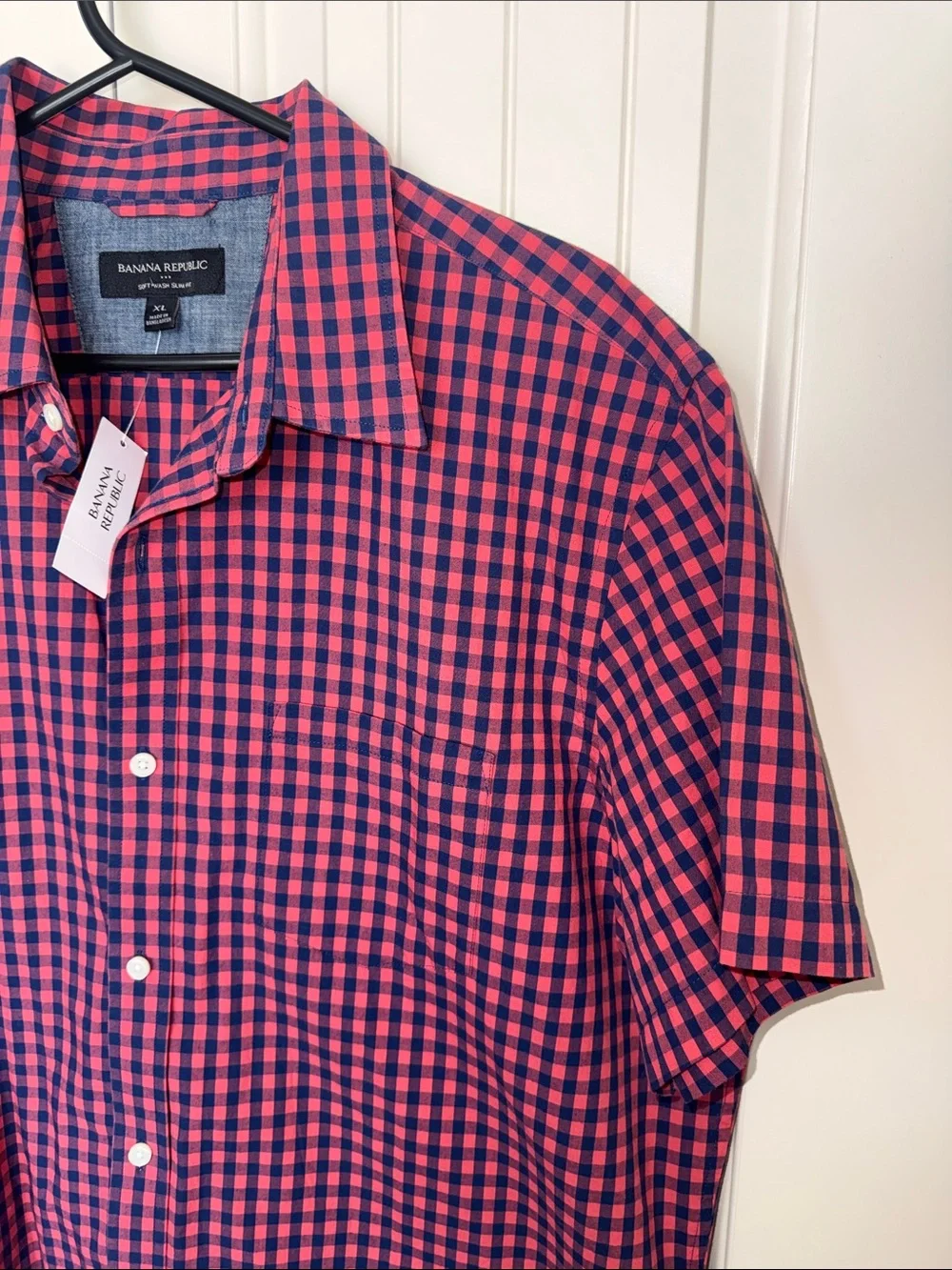 Banana Republic Soft Wash Slim Fit Shirt Mens XL Pink Navy Gingham Short Sleeve